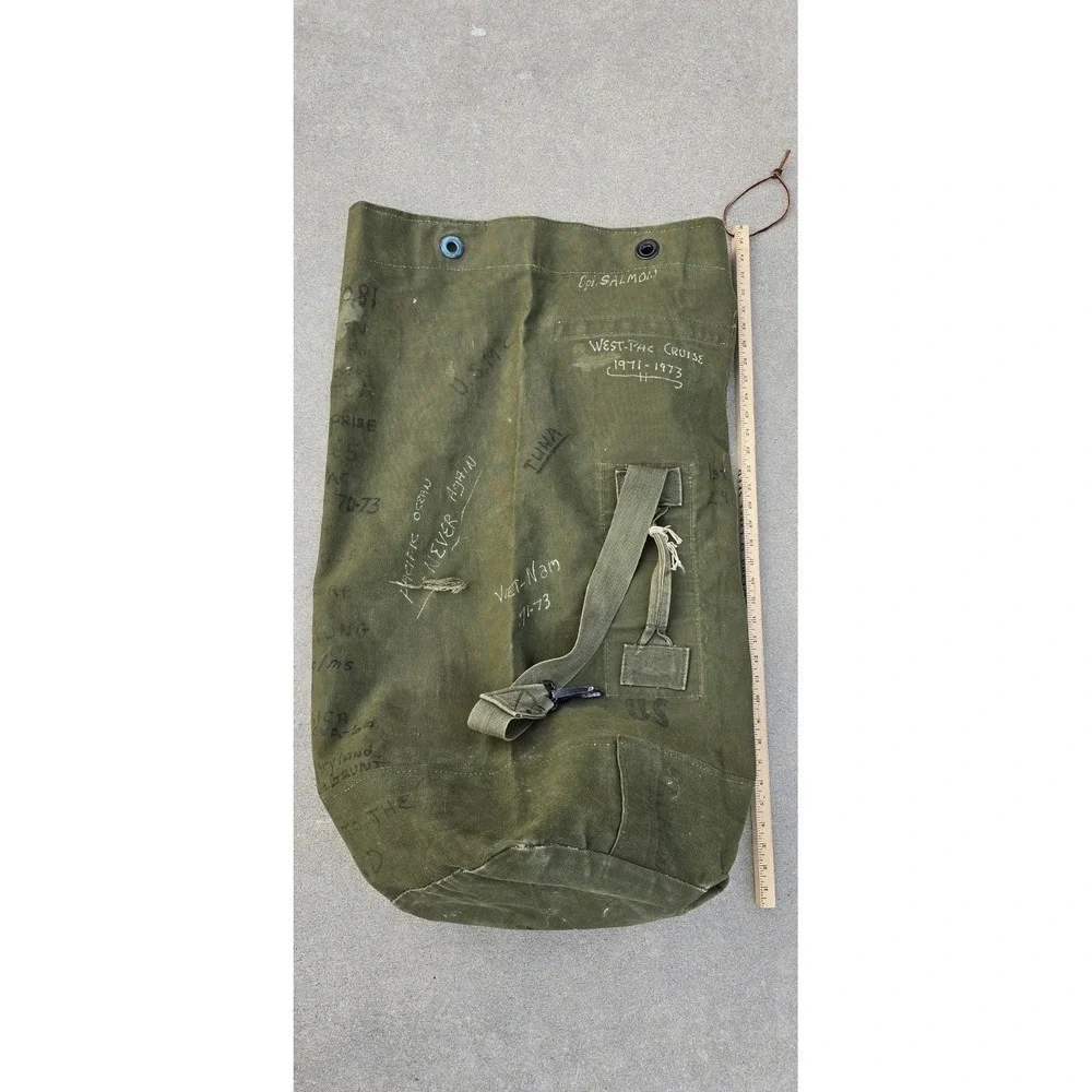 VTG Vietnam War USMC Type I Canvas Duffel Bag Trench Art Sea Bag USS Enterprise
